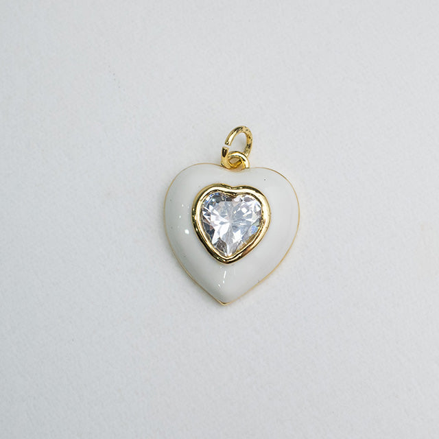 Dije Corazón Esmaltado Blanco con Cristal Central