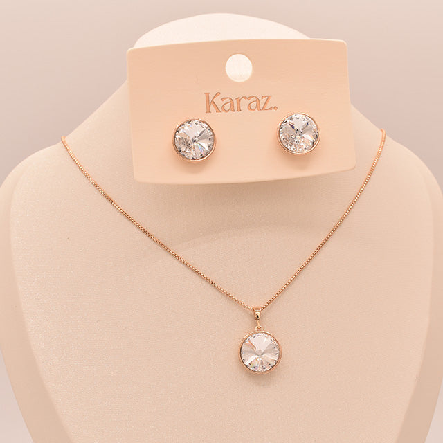 Conjunto Collar y Aretes con Cristal Transparente en Oro Rosa