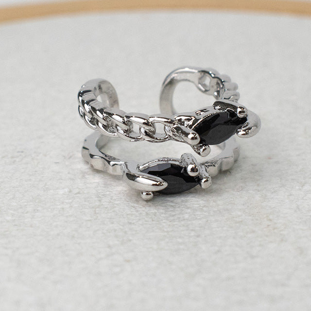 Ear Cuff Doble Cadena con Piedras Negras