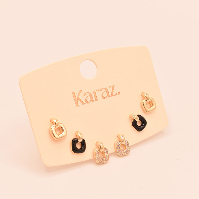Set de Pendientes Topo Cuadrados con Esmalte Negro y Cristales