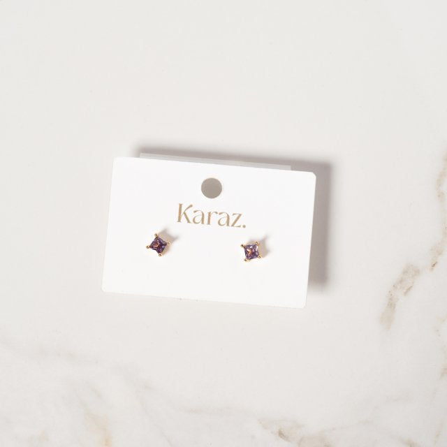 Aretes Topo Cuadrados con Circones Morados y Baño de Oro