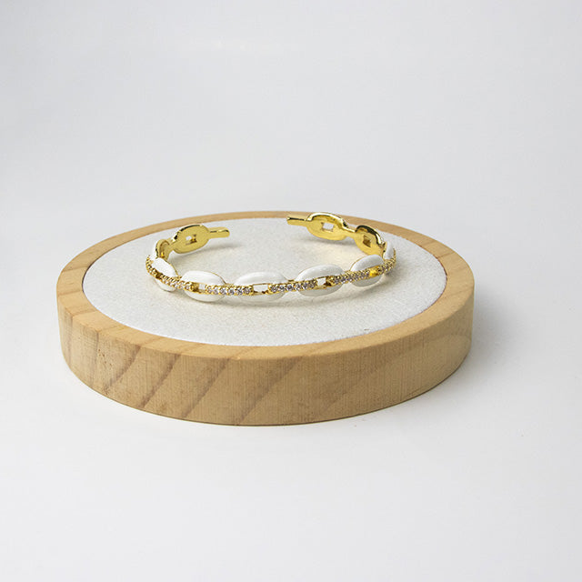 Pulsera Cuff Eslabones Blancos y Cristales Dorados