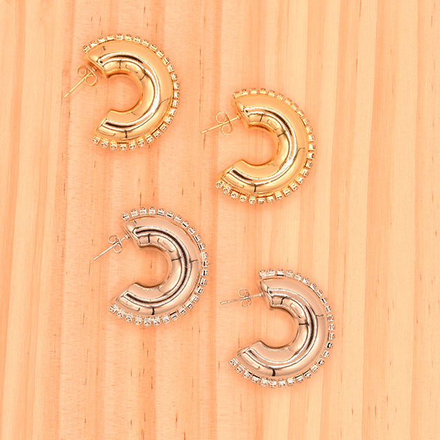 Aretes Argolla Chunky con Borde de Brillantes - Dorado y Plateado