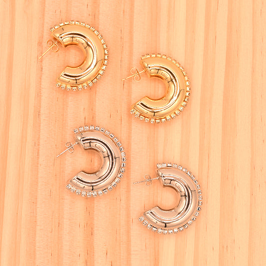 Aretes Argolla Chunky con Borde de Brillantes - Dorado y Plateado