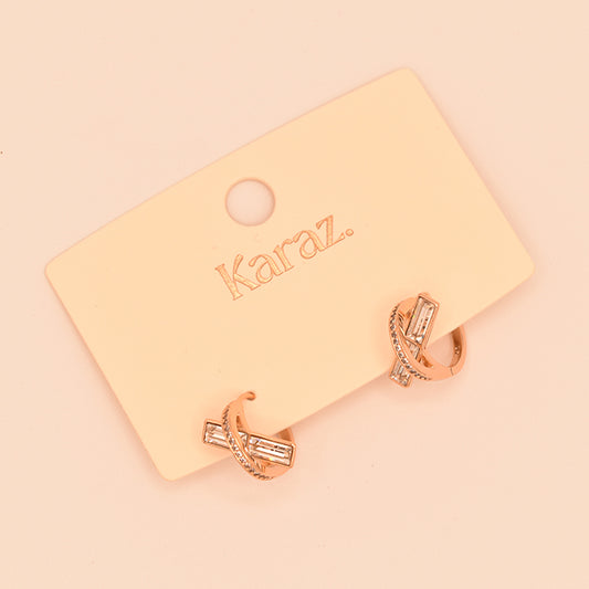 Aretes Aro Cruzado con Circonitas Baguette Oro Rosa