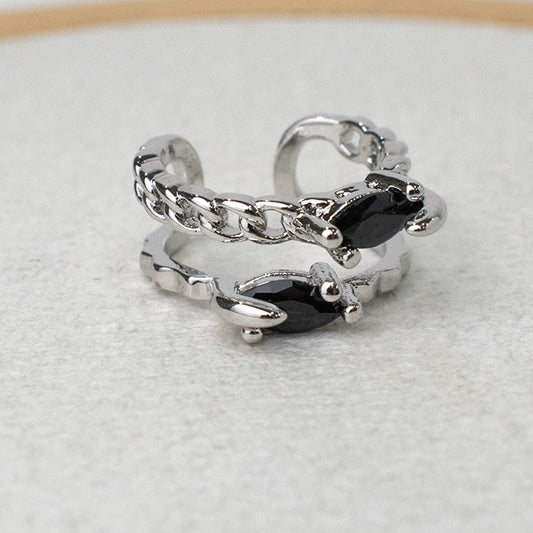 Ear Cuff Doble Cadena con Piedras Negras