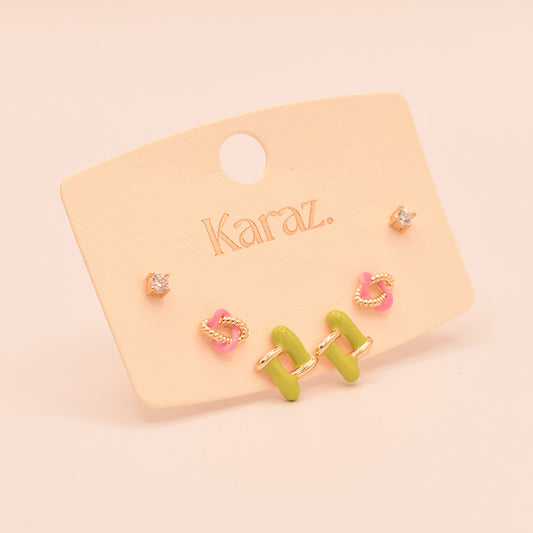 Set de Pendientes Topo Verde y Rosa con Brillo