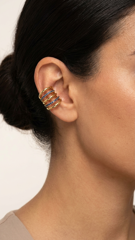 Earcuff Azul con Piedras y Baño Dorado
