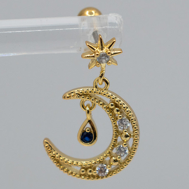 Piercing Luna y Estrella Celestial Dorado con Detalles Azules