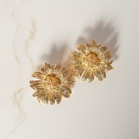 Aretes Girasol Dorados con Baño de Rodio