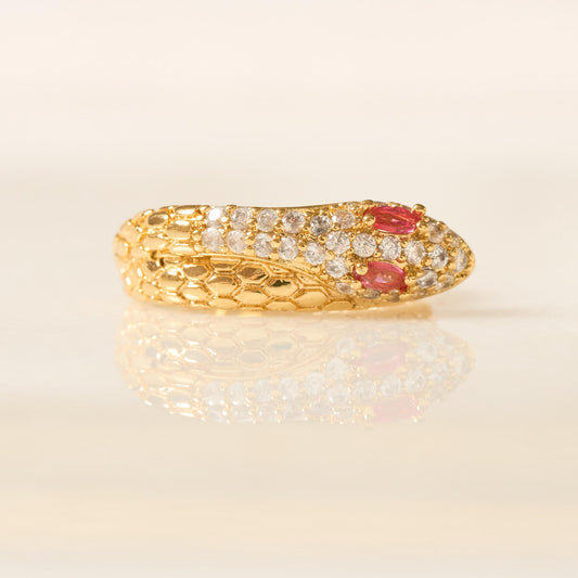 Earcuff Serpiente Dorado con Gemas Rojas y Brillantes