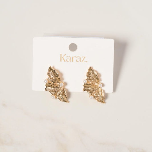 Aretes Hoja Dorada con Perlas