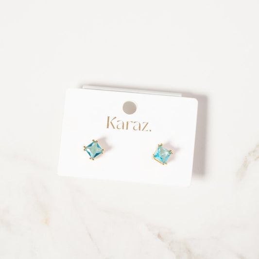 Aretes Topo Cuadrados de Circonia Azul con Baño de Oro