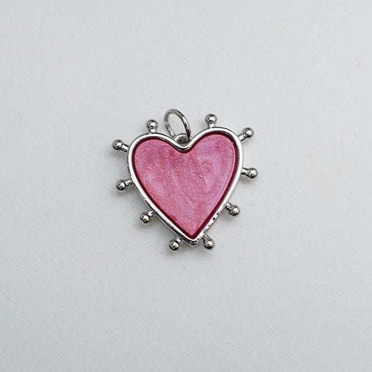Dije Corazón Rosa Esmaltado con Borde Plateado